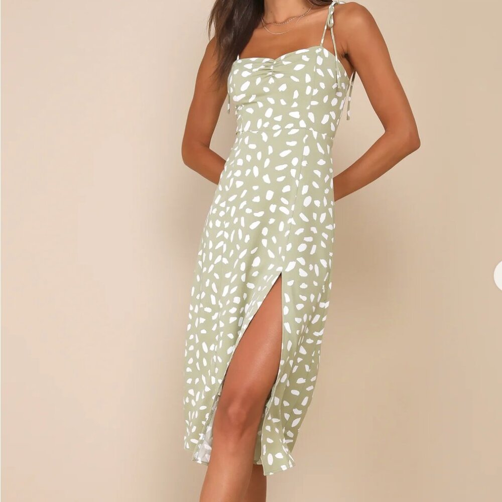 Lulus Sage Green Polka Dot Sun Dress Midi Length Flowy Tie-Strap NWT